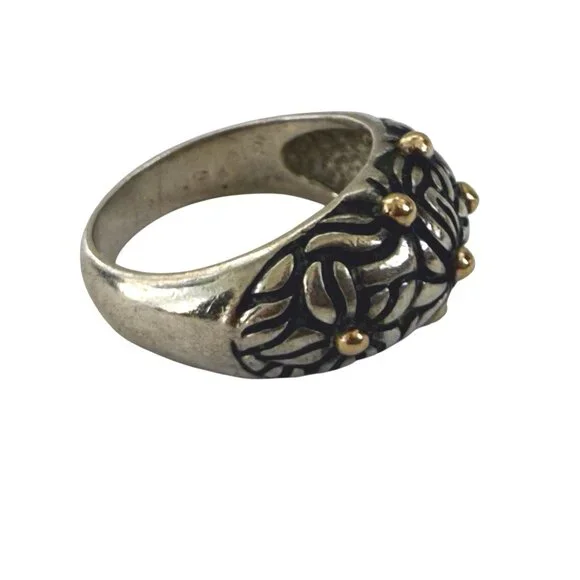 Vintage 90's 925 silver Floral Dome Ring Gold Vermeil Dots 6.4g Size 6 3/4 - Picture 3 of 12